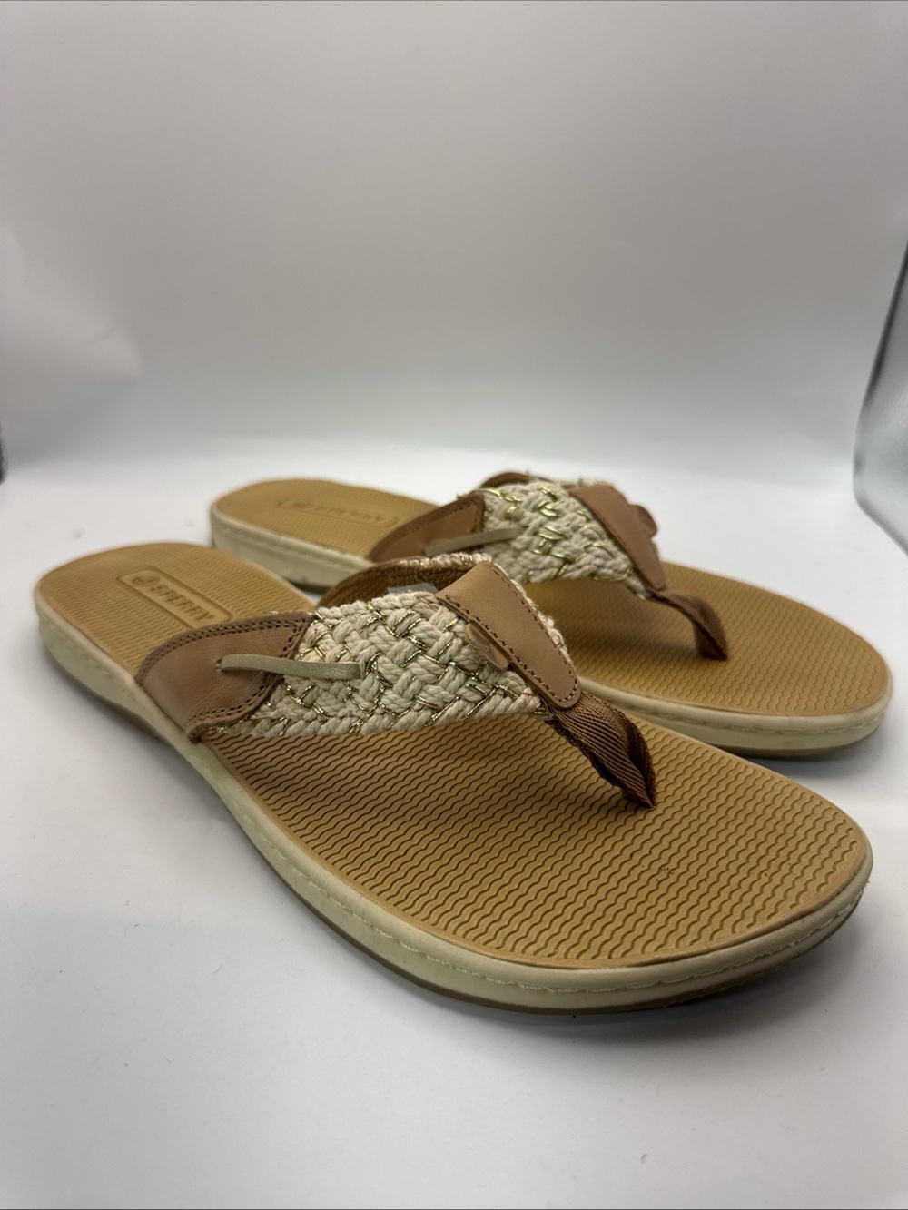 NEW Sperry Parrotfish Braided Thong Leather Beach Flip Flop Tan Gold Womens 7.5